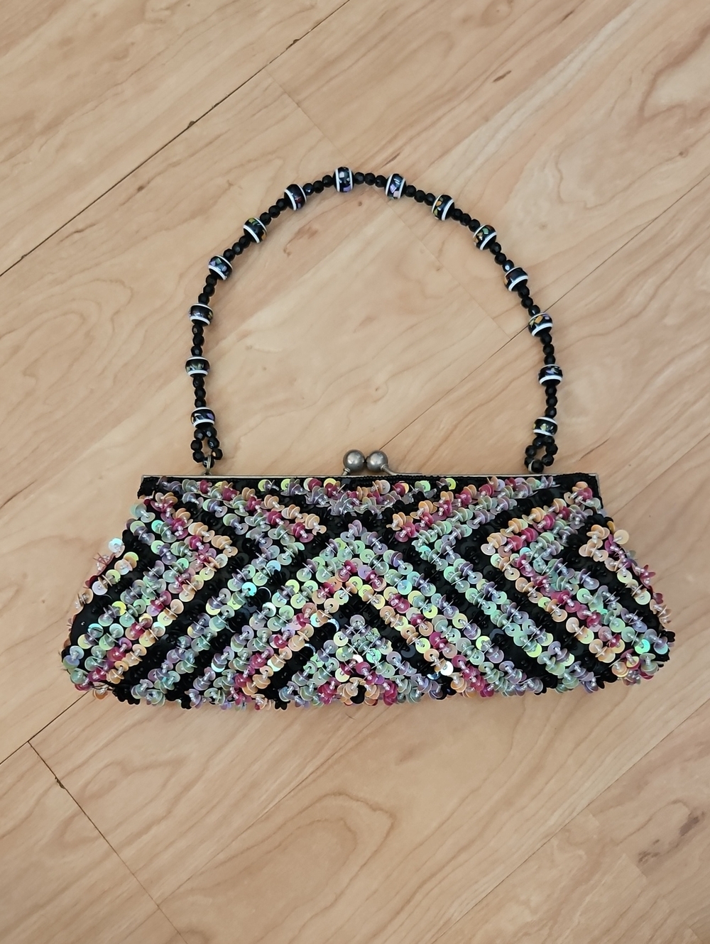 Vintage Beaded Sequin Evening Clutch Purse - Black Multicolor